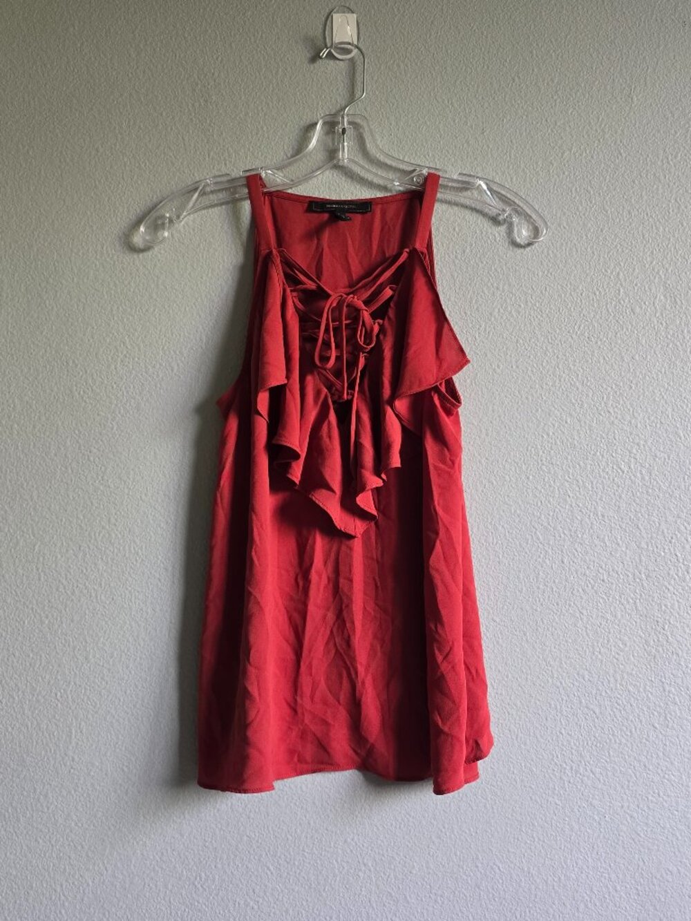 Bcbg Maxazria Brick Red Tie Neck Ruffle Sleeveless Blouse Size XXS